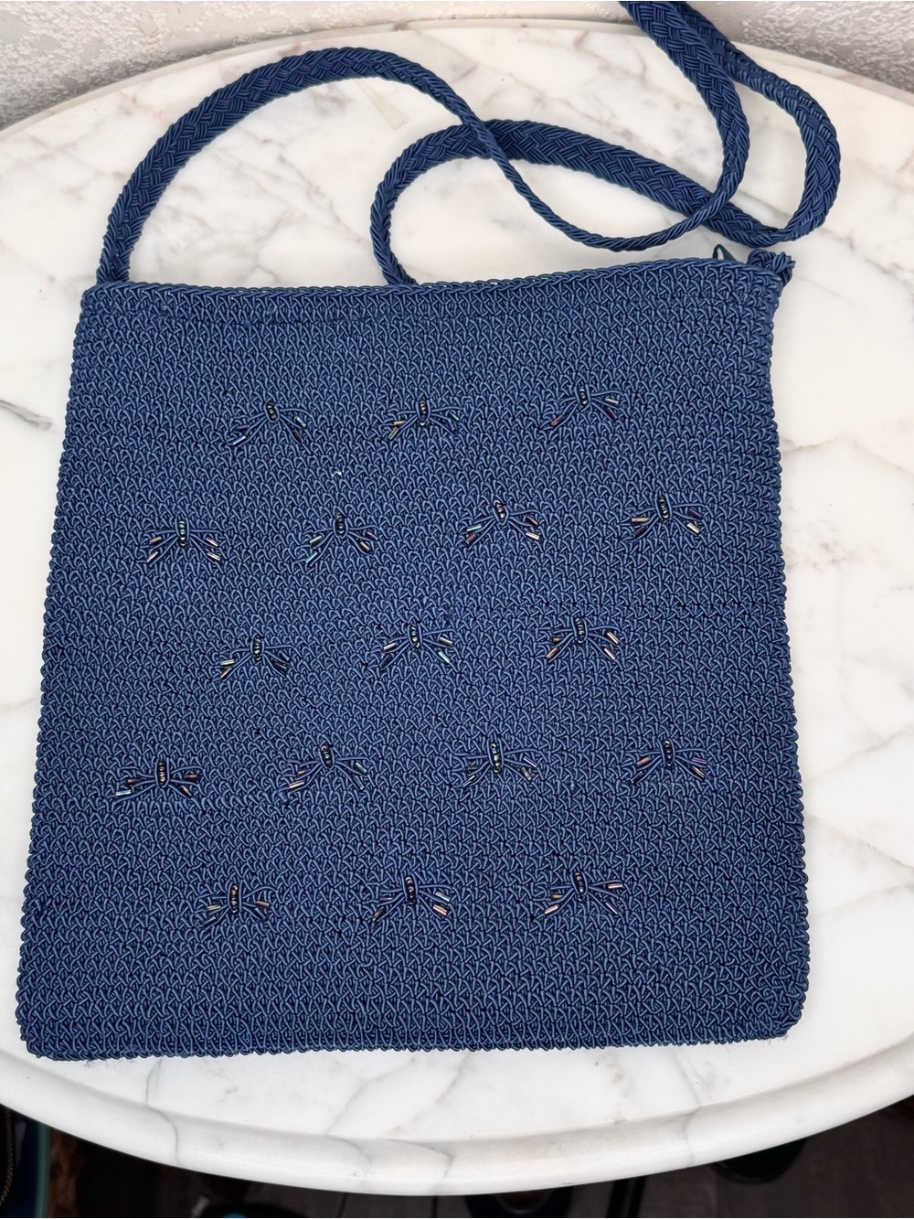 Handwoven Blue Crossbody Bag with beautiful dragonfly Bead Embellishments